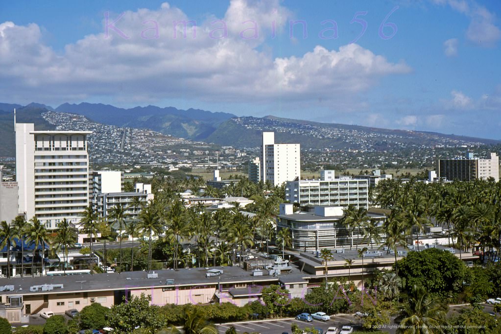 Lots of old buildings in this elevated view of Waikiki looking inland, 1964