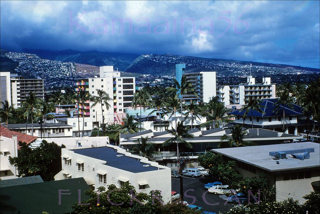 View appears to be from the 9-story Waikiki Royal Hotel on Beach Walk looking towards Kalakaua Avenue in Waikiki, 1961