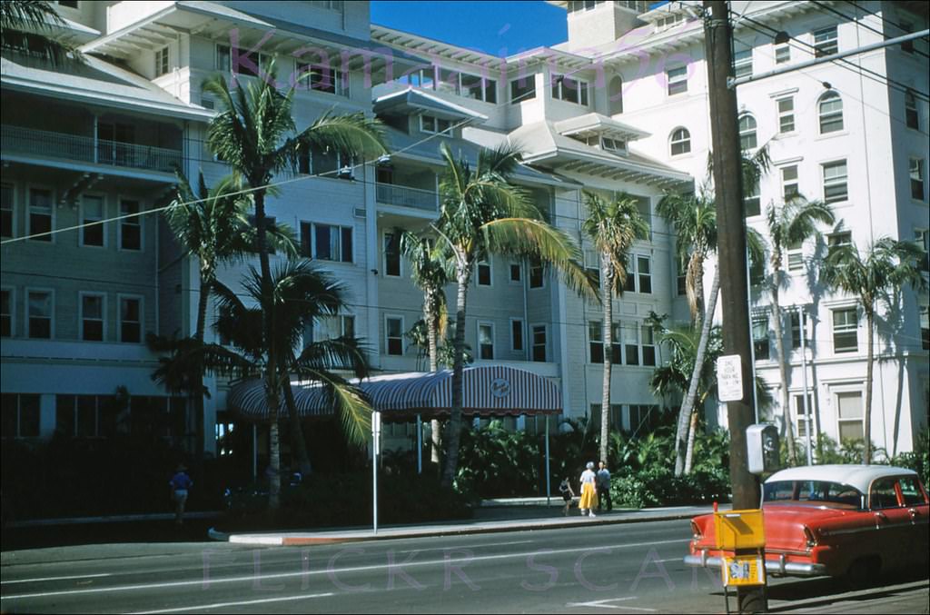 Waikiki’s Kalakaua Avenue right in front of the Moana Hotel, 1956.