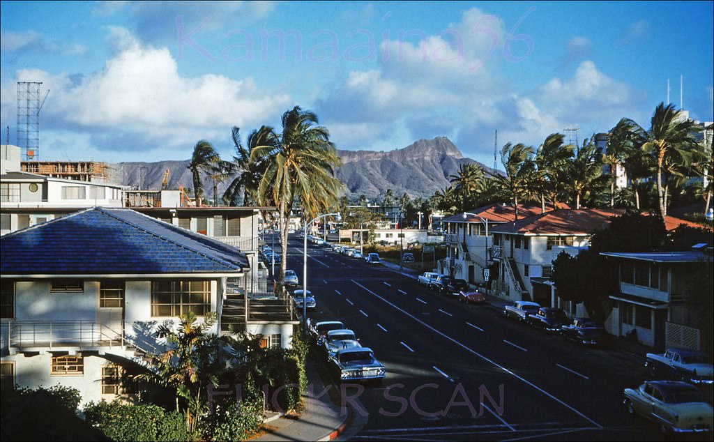 Looking diamond head along Kuhio Avenue from the northwest corner with Seaside Avenue, 1960