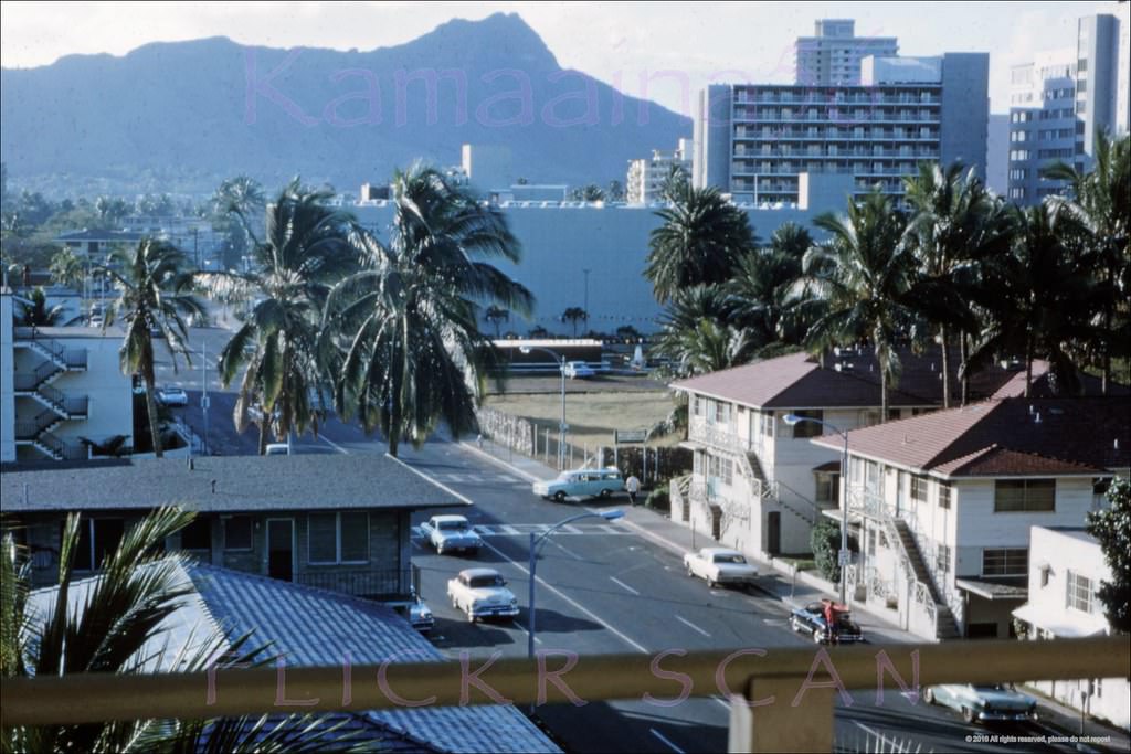 Looking Diamond Head along Kuhio Avenue from the "new" Islander Hotel on the northwest corner with Seaside Avenue, 1964.