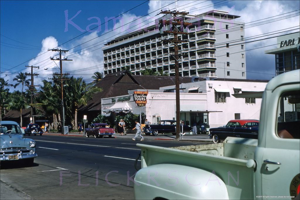Super sharp view along Waikiki’s Kalakaua Avenue near the Kaiulani Avenue instersection, 1956