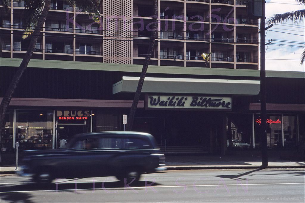 Kalakaua Avenue entrance and storefronts at the Waikiki Biltmore Hotel, 1950s