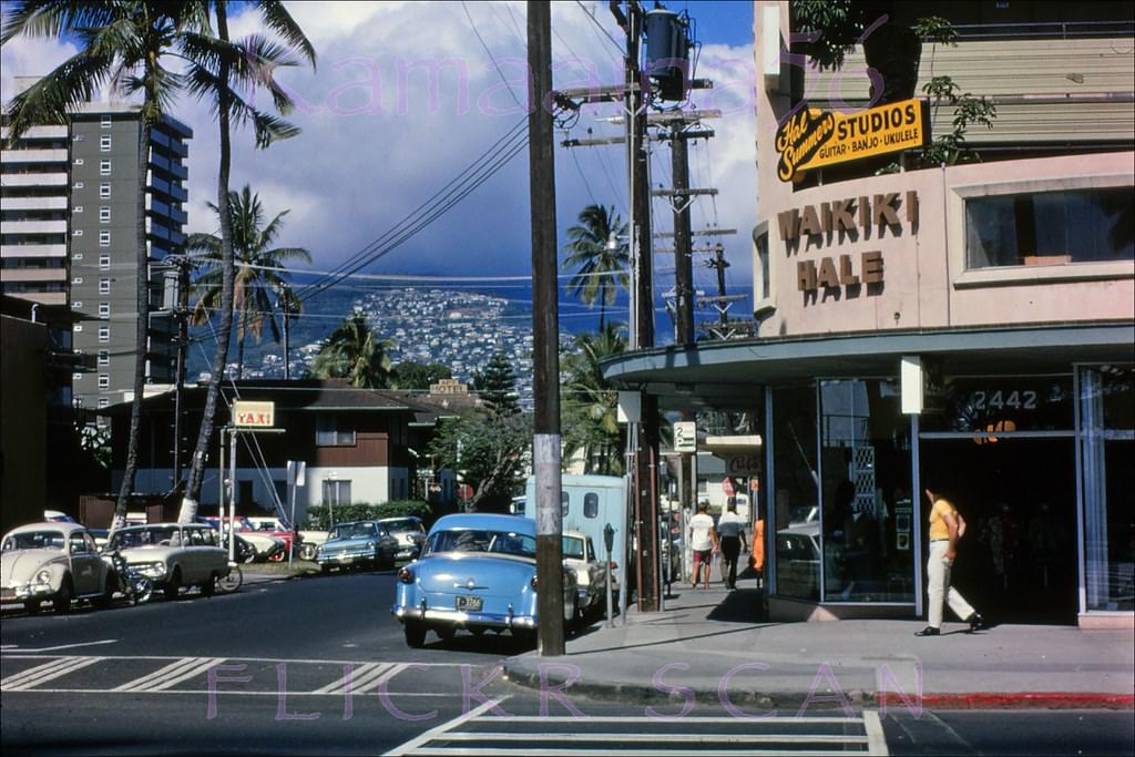 Looking along Uluniu Avenue from the Waikiki Hale Hotel at the Kalakaua Avenue intersection, 1966.