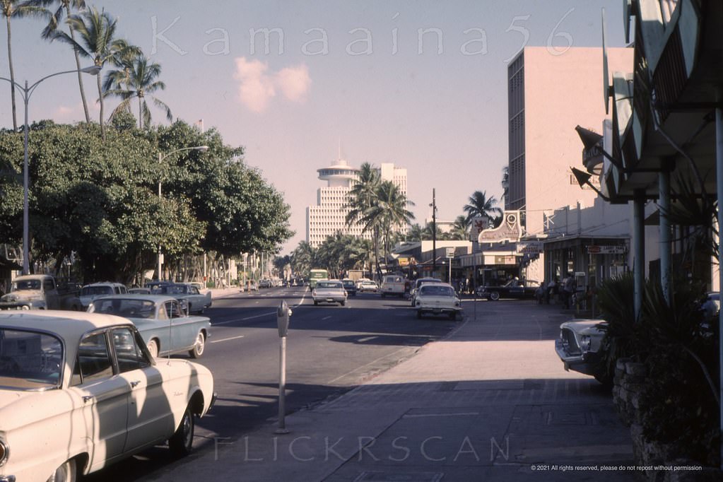 The view here is more or less northwest along Waikiki’s Kalakaua Avenue from between Uluniu and Liliuokalani Avenues, 1965
