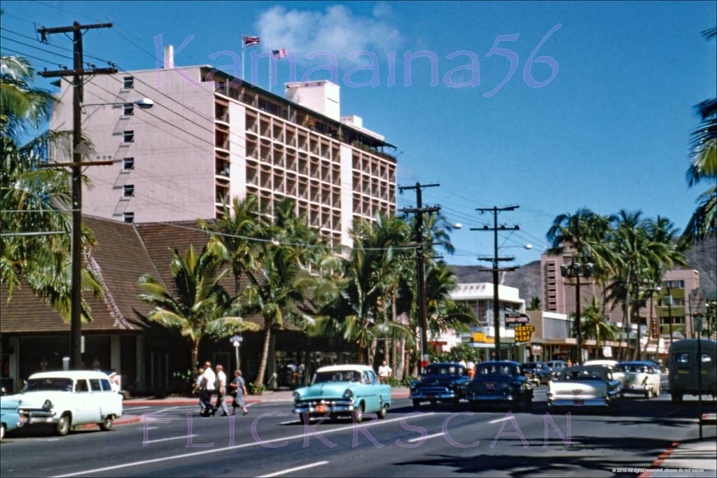 The Waikiki Biltmore Hotel at the corner of Kalakaua Avenue and Kaiulani Avenue viewed from the Moana Hotel across Kalakaua, 1958