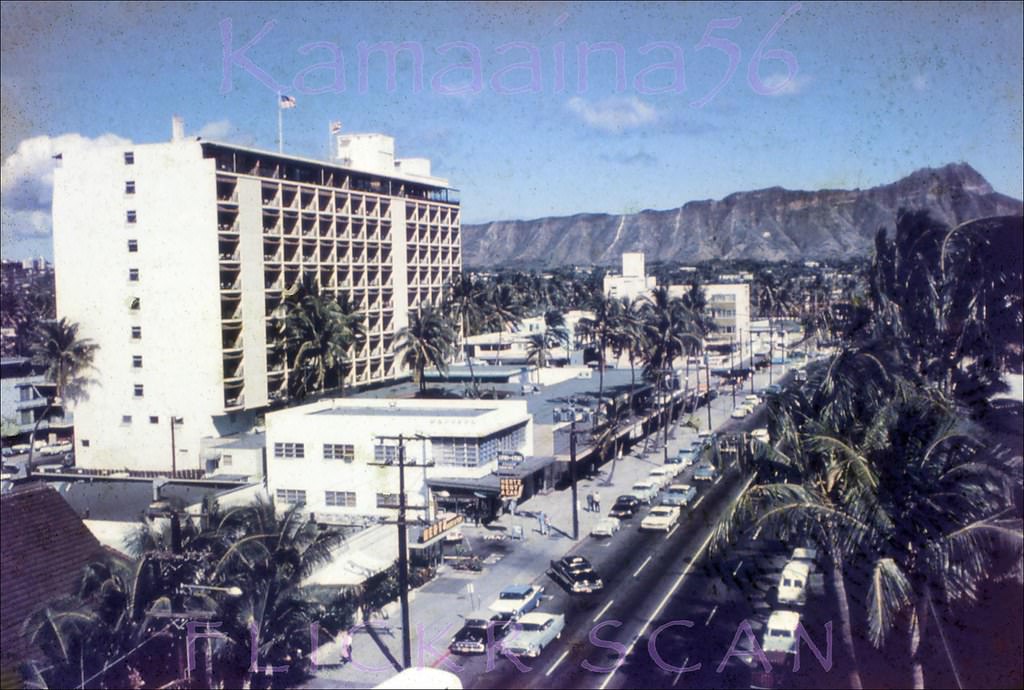 Another view across Kalakaua Avenue toward the Waikiki Biltmore Hotel from an upper floor at the Moana Hotel, 1957.