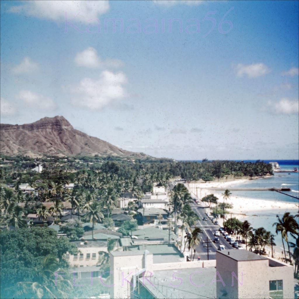 Unusual view from an upper floor at the Waikiki Biltmore Hotel looking Diamond Head when this end of Waikiki was still a low-rise paradise, 1956