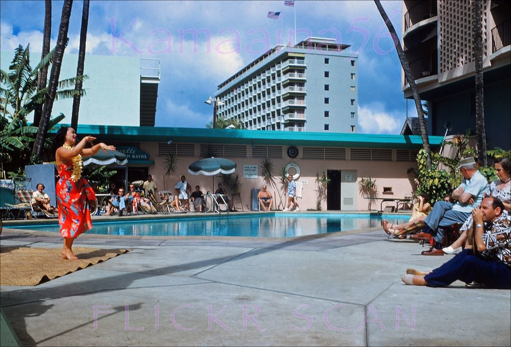 Hula by the pool at the then-new Waikiki Biltmore Hotel on Kalakaua Avenue across from where the Duke Kahanamoku Statue is today, 1955