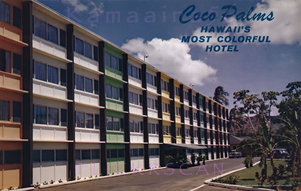 The Coco Palms Apartment Hotel, "Hawaii's most colorful hotel," on Koa Avenue at Liliuokalani, one block mauka from Kalakaua Avenue and one block east of the Waikiki Biltmore across Uluniu, 1950s