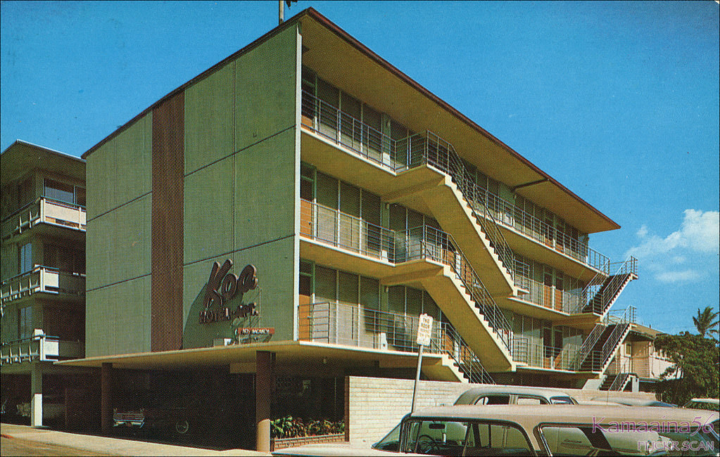 Modernistic apartment building on the mauka side of Koa Avenue, behind the Waikiki Biltmore and later the Hyatt Regency, 1959