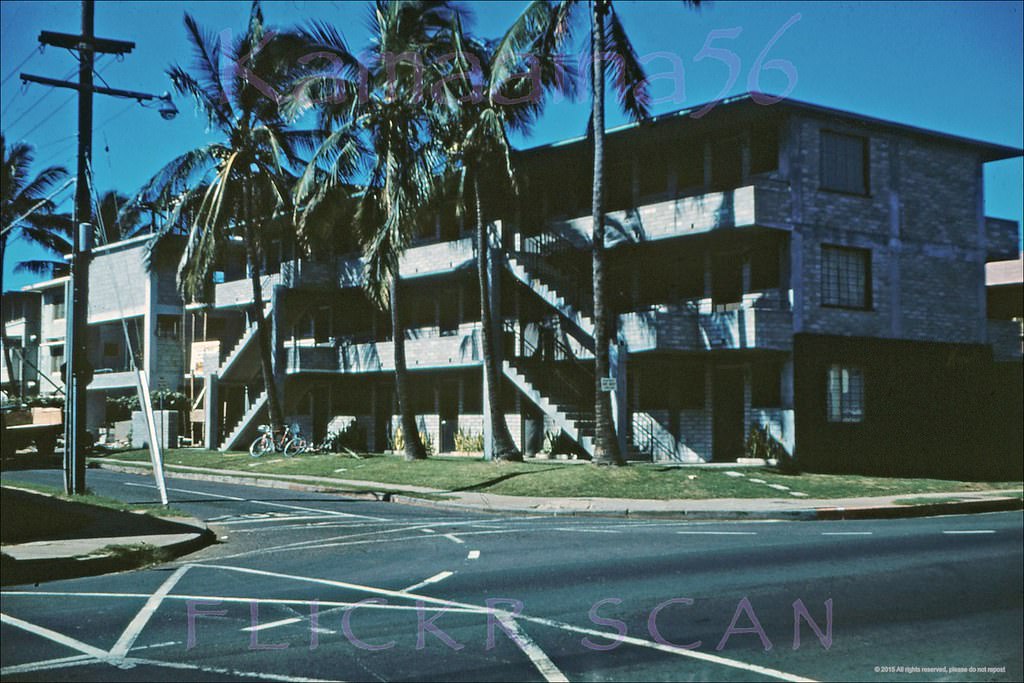 On the corner of Kaiulani Avenue and Ala Wai, 1959