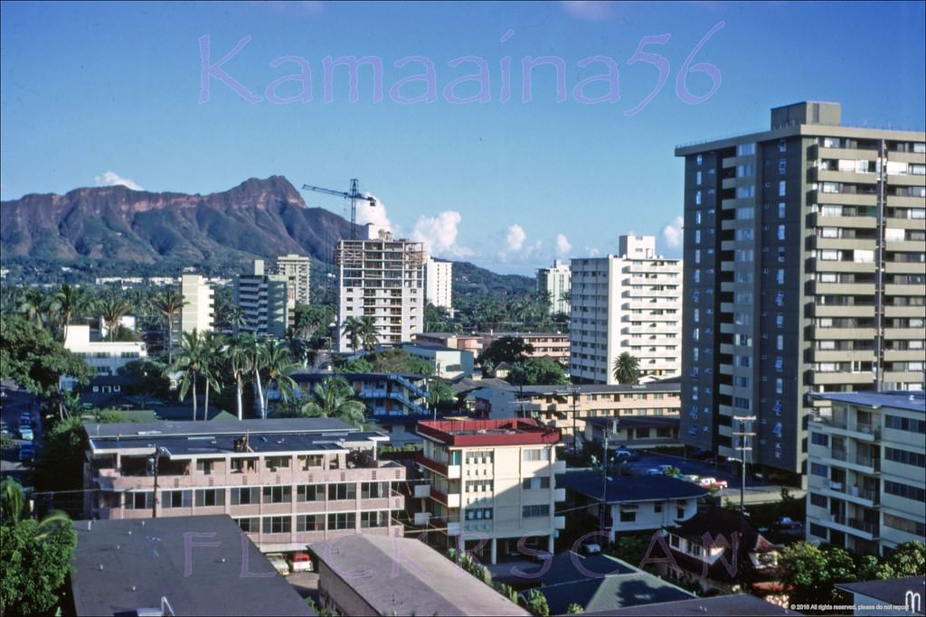 View of Waikiki looking Diamond Head from an upper floor at the Aloha Surf Hotel on Kanekapolei Street at Ala Wai Blvd, 1968