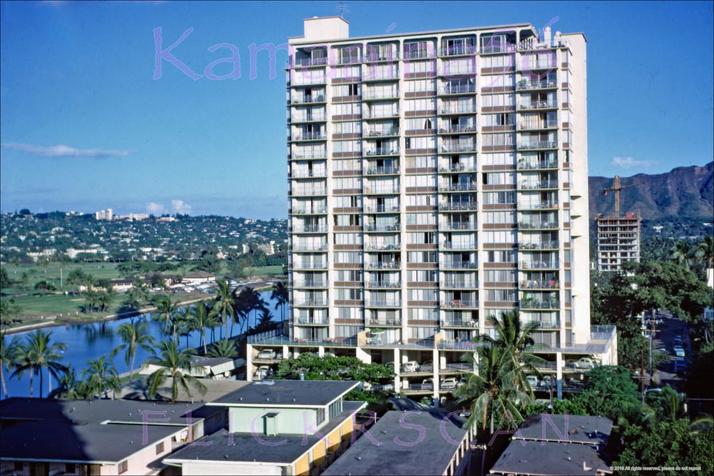 View of the Waikiki Skyliner Apartments, on Kaiulani Avenue between Ala Wai and Tusitala from an upper floor at the 1968 Aloha Surf Hotel which was one block ewa on Kanekapolei, 1968