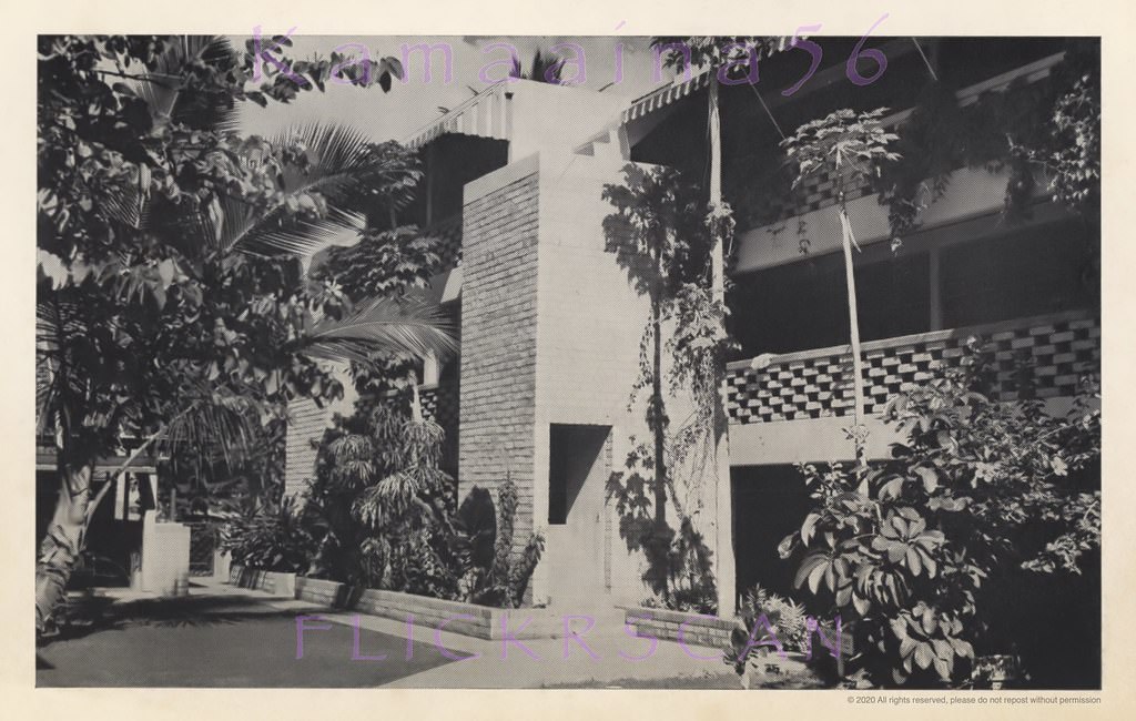The tropical grounds at this smaller Waikiki hotel on Royal Hawaiian Avenue just mauka (inland) of Kalakaua, 1952