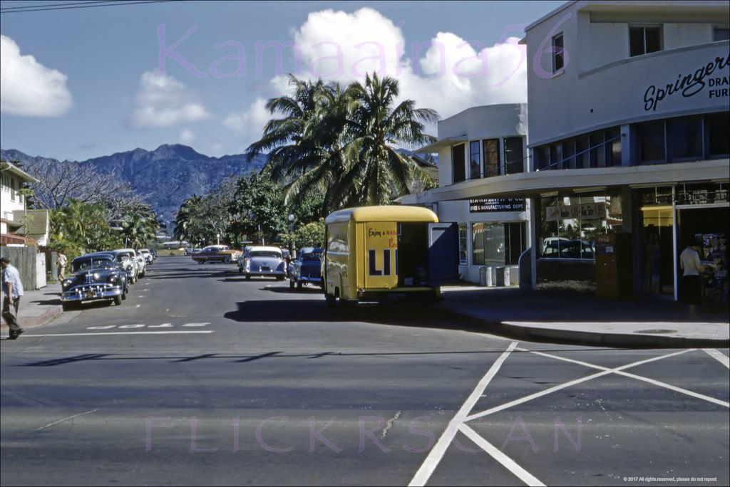 Looking Mauka along Waikiki’s Olohana Street from Kalakaua Avenue, 1954