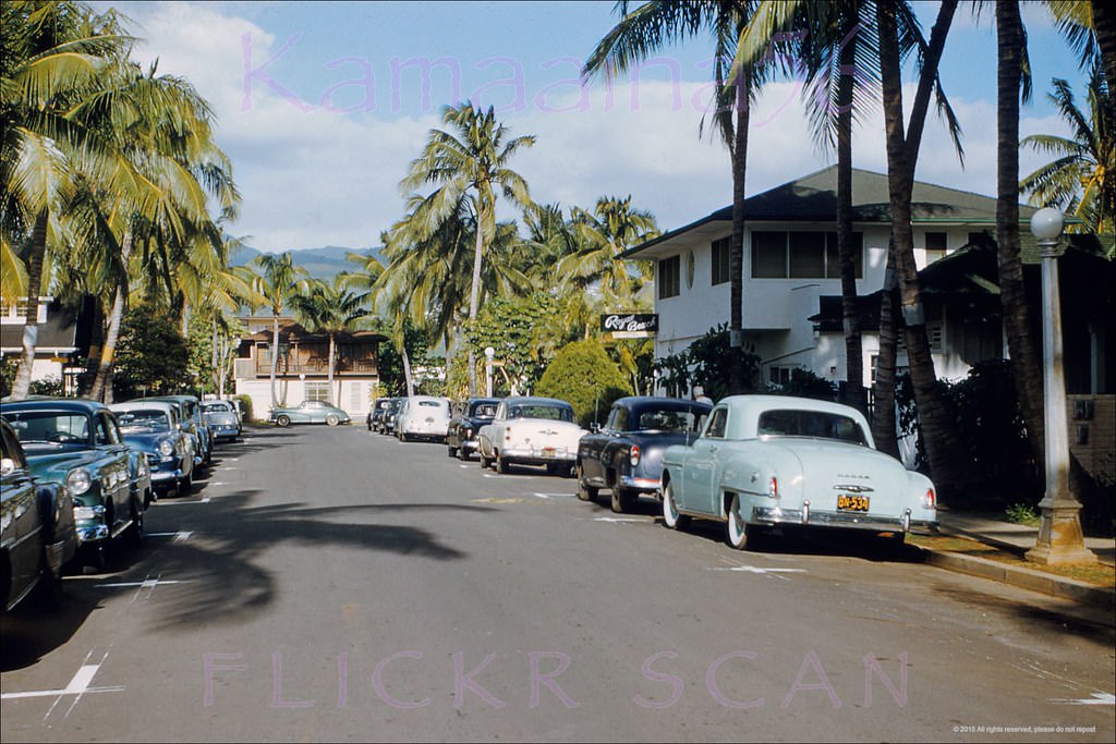 Royal Beach Apartment Hotel in Waikiki, located at 415 Royal Hawaiian Avenue according to “Travel Guide to the Hawaiian Islands” (1963) by Bob Krauss, 1955