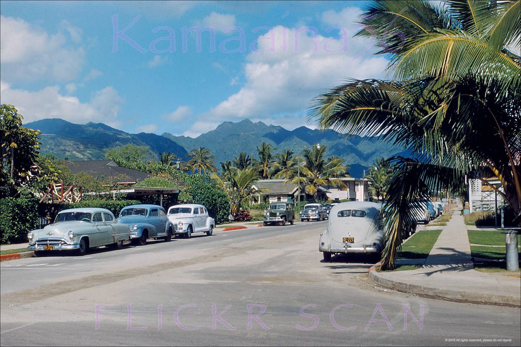 Looking inland from the intersection of Lewers Street and Kuhio Avenue in Waikiki, 1955