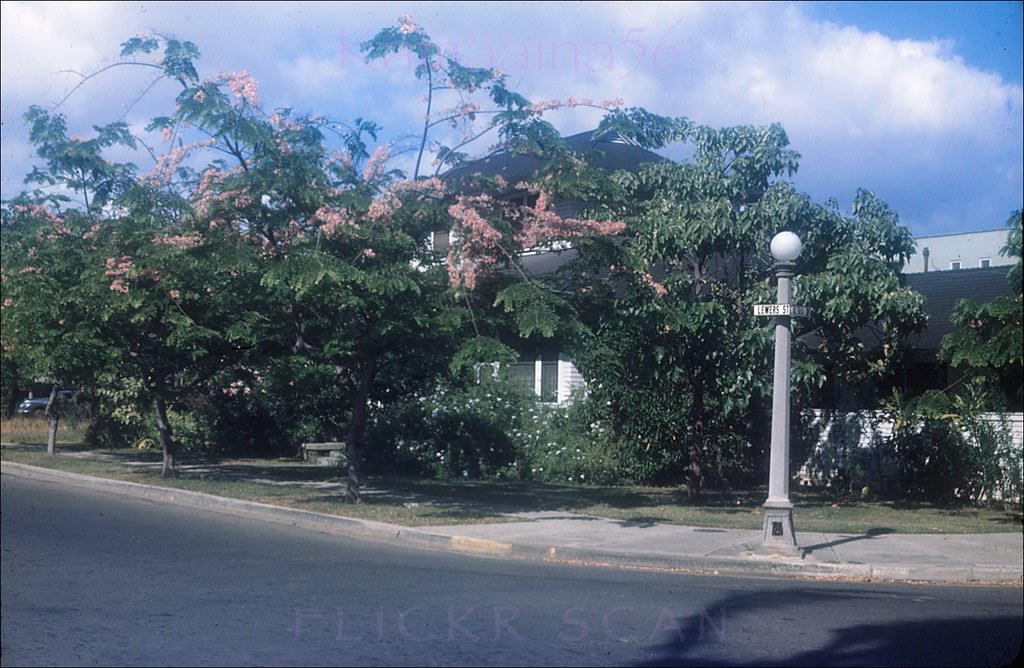 Residential section of Waikiki on Lewers Street at Aloha Drive, between Kuhio Avenue and Ala Wai Blvd. 1940s