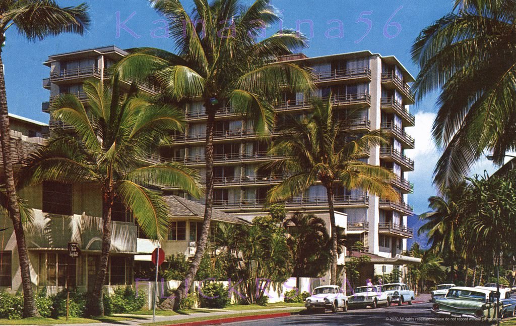 The 10-floor Waikiki Surf Hotel at 408 Lewers Street on the northwest corner with Kuhio Avenue, 1960