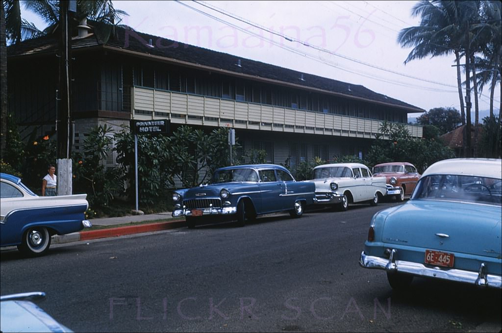 Street view of the Privateer Hotel on Ohua Avenue just mauka of Kuhio in the "Waikiki Jungle", 1958