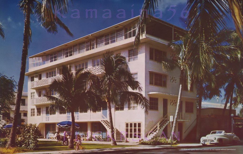 Roy Kelley's first hotel, the five story Islander at 351 Seaside Avenue, just makai of Kuhio, 1947