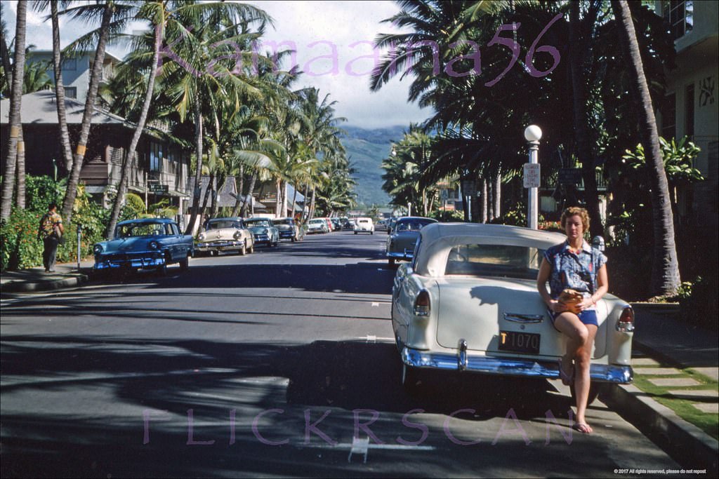 Looking inland along Waikiki’s picturesque Seaside Avenue, 1956.