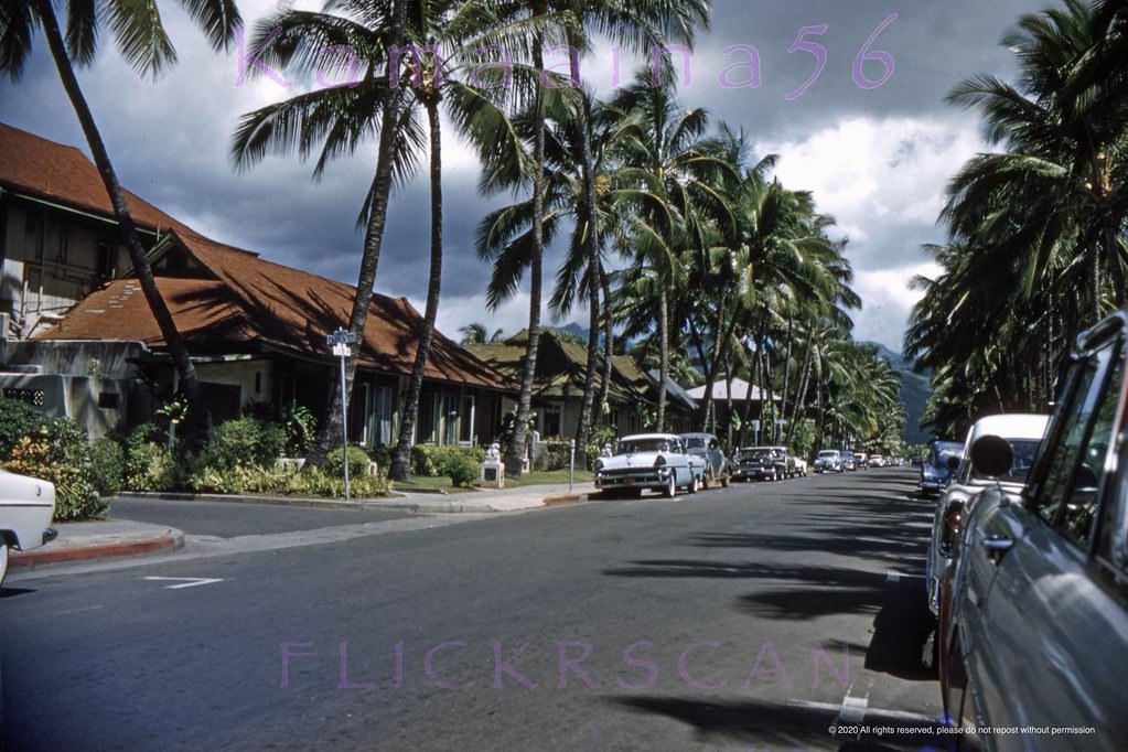 Looking Mauka (inland) along Seaside Avenue from the intersection with Lauula Street, back when Waikiki was still a low-rise residential paradise, 1958