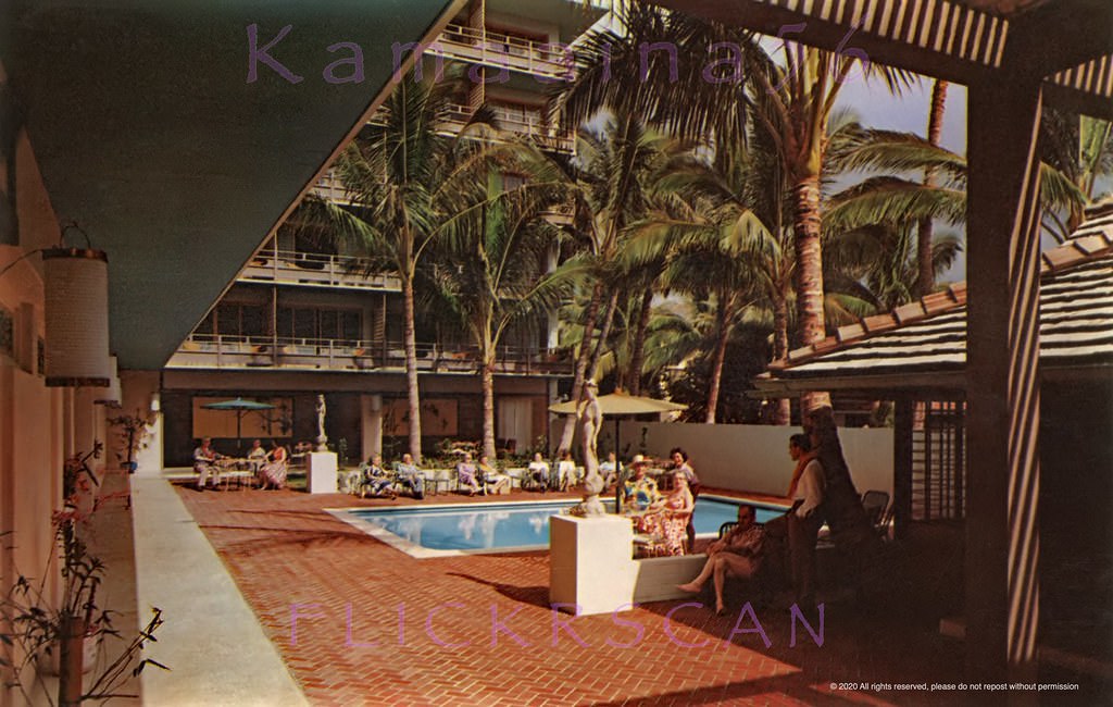 The courtyard and pool at the Waikiki Surf Hotel, around the time the hotel opened 1956.