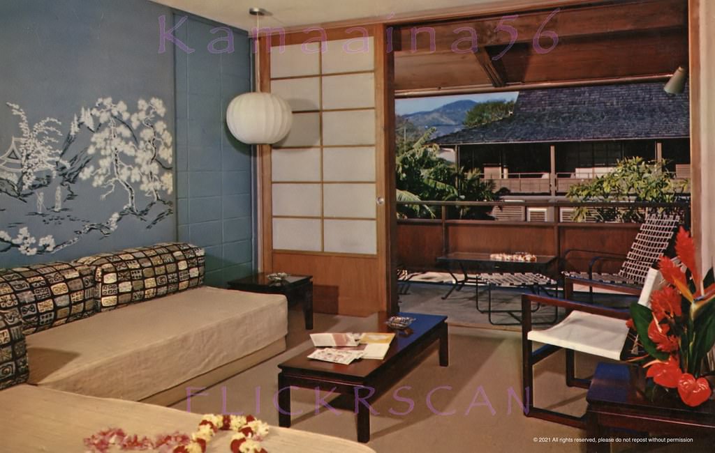 Japanese inspired furnishings in a second floor room at The Breakers hotel on Saratoga Road in Waikiki, 1960s