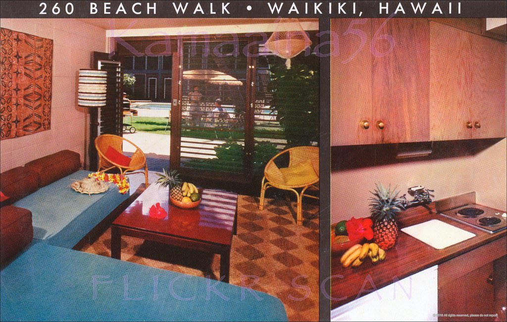 One of the rooms at the Hawaiiana Hotel on Beach Walk in Waikiki, makai of Kalakaua Avenue next door to the Breakers Hotel, 1950s