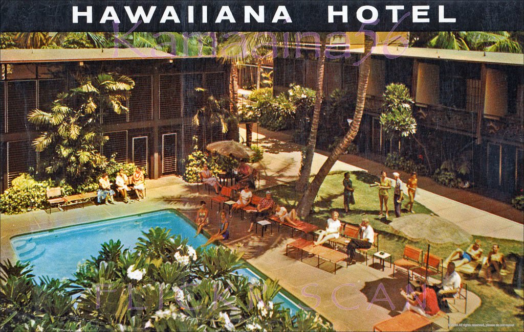 Poolside at the Hawaiiana Hotel on Beach Walk in Waikiki, makai of Kalakaua Avenue next door to the Breakers Hotel, 1950s