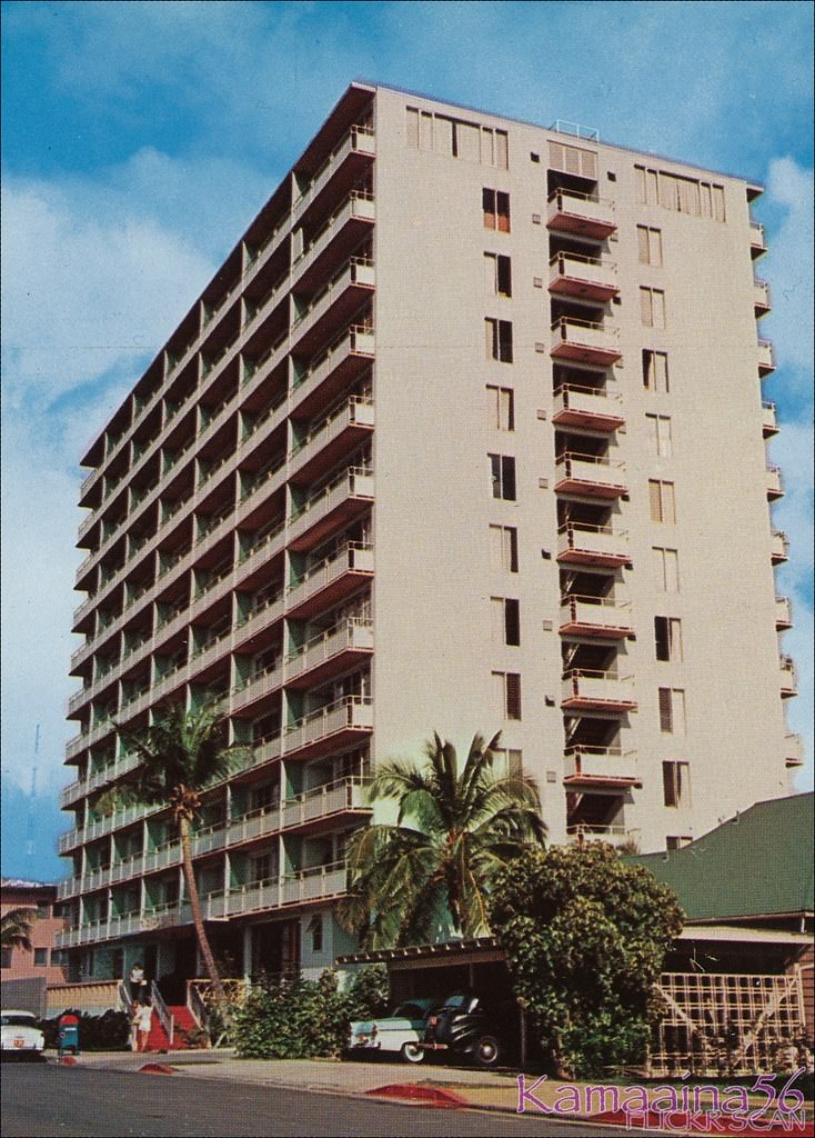 Twelve story apartment building on Kaiolu Street and Ala Wai Blvd. in Waikiki, 1956