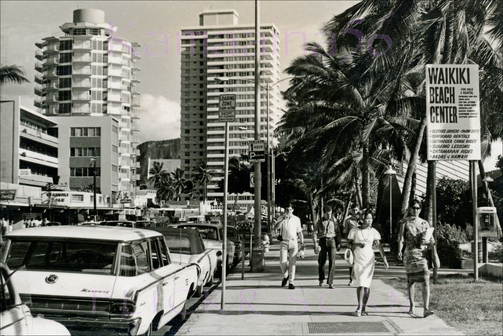 Busy Kalakaua Avenue looking Diamond Head from the Waikiki Beach Center, 1960s