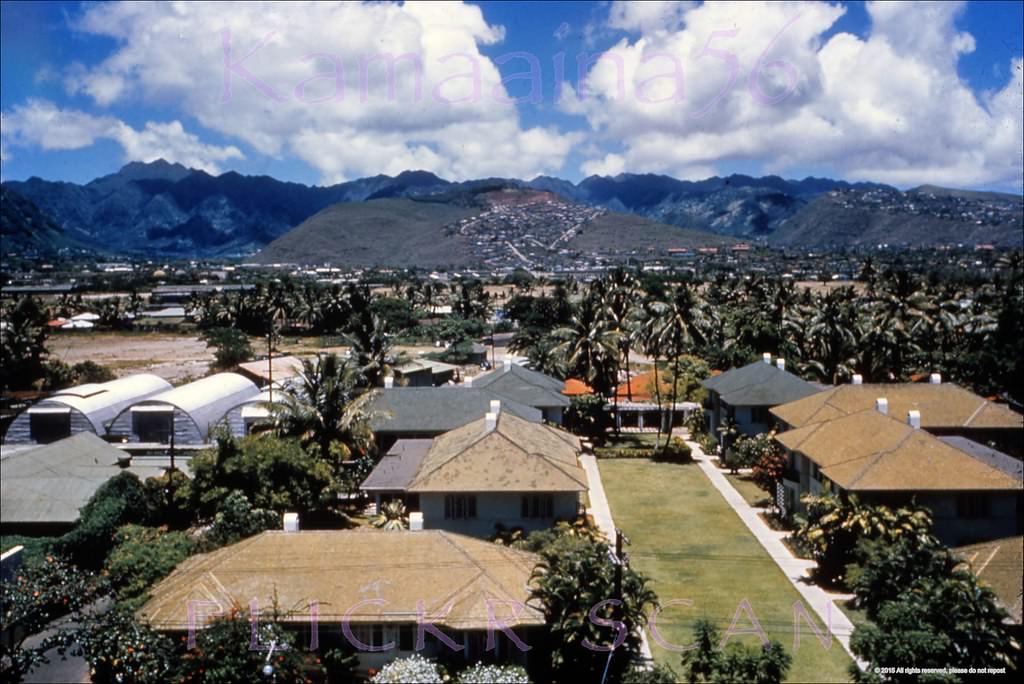 The old two-story Moana Bungalows on the mauka side of Kalakaua Avenue viewed from an upper floor at the Moana Hotel, 1950s