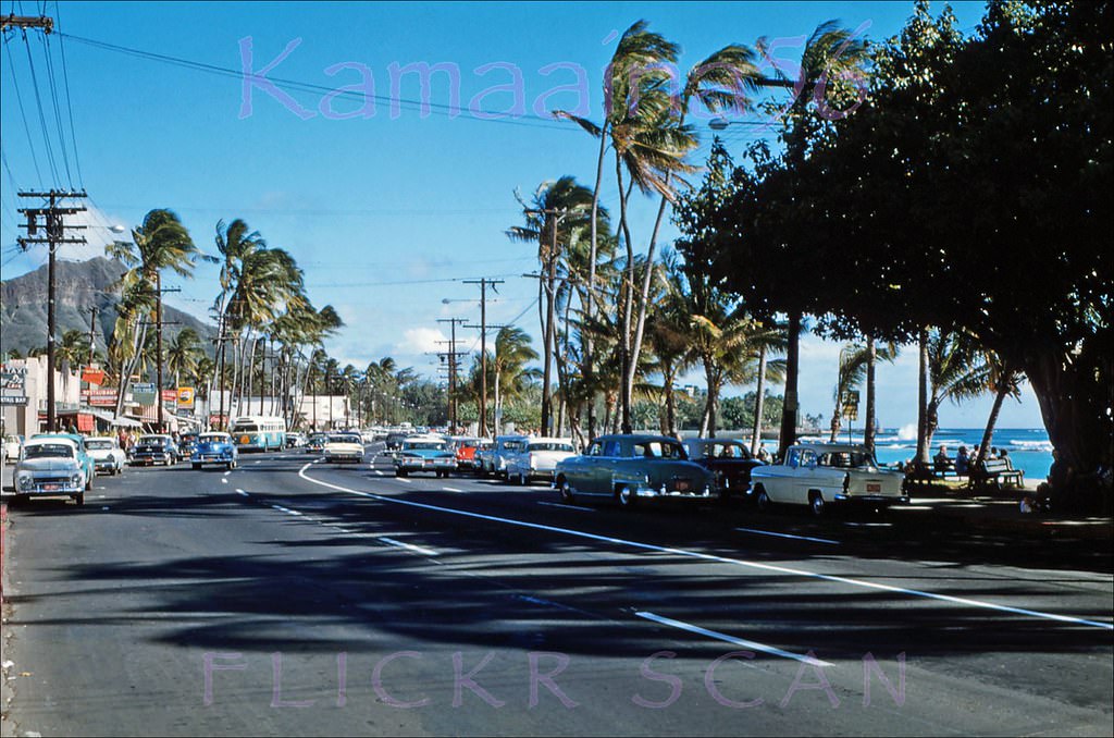Looking Diamond Head along Kalakaua Avenue in Waikiki, 1960