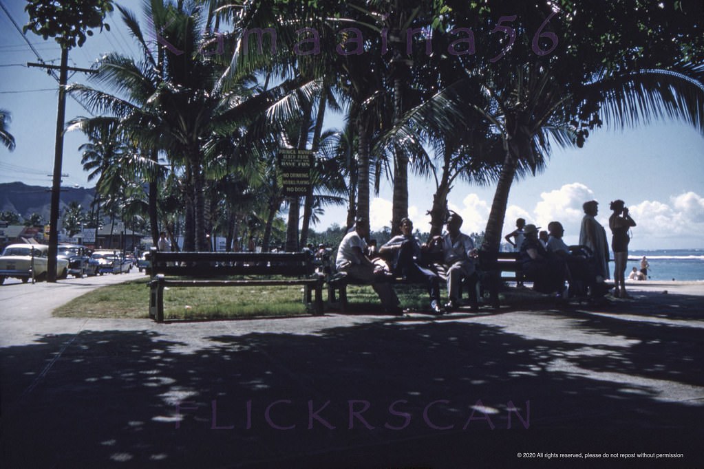 View is looking Diamond Head along Waikiki’s Kalakaua Avenue from around the Liliuokalani Avenue intersection (out of frame far left), 1958