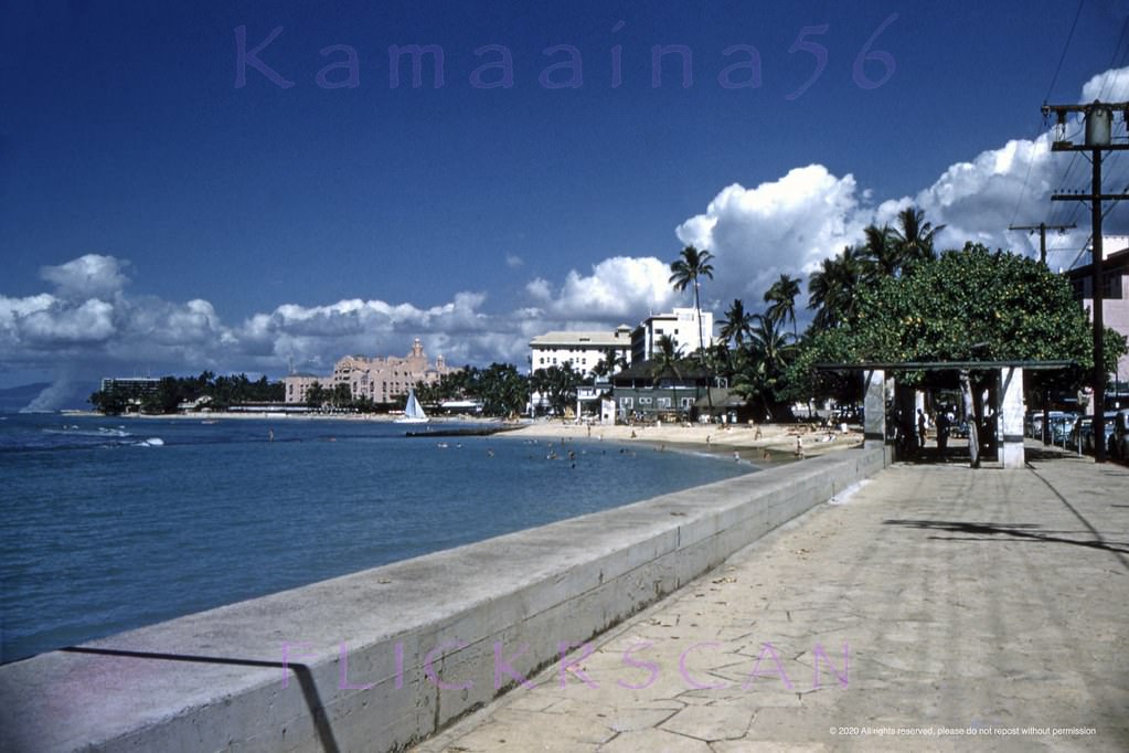 Looking more or less west along Waikiki’s Kalakaua Avenue waterfront from the Kuhio Beach Park, 1958