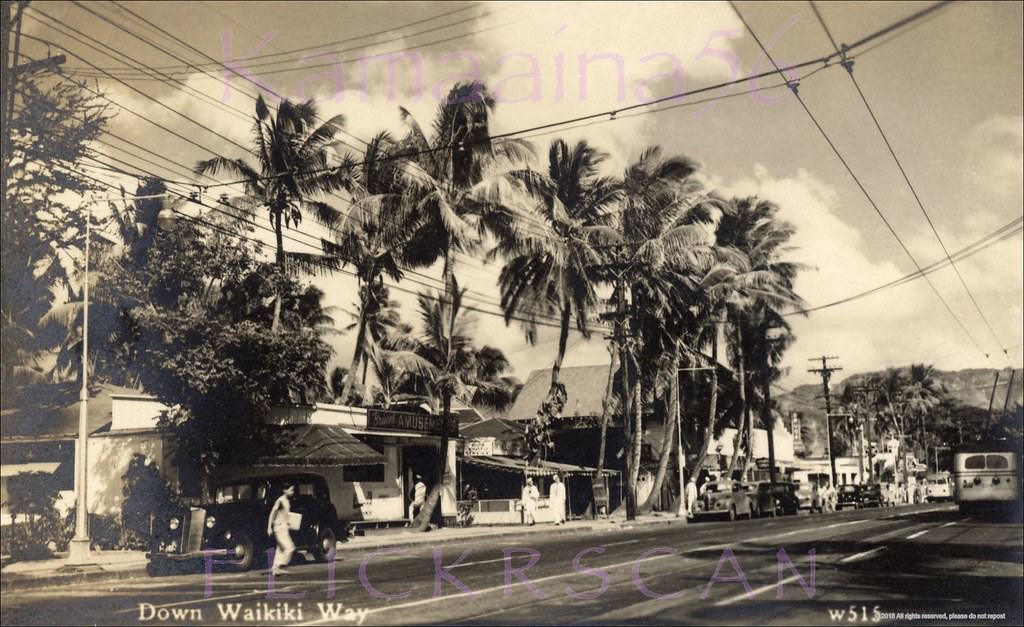 Looking Diamond Head along the mauka (inland) side of Waikiki’s Kalakaua Avenue, 1940s