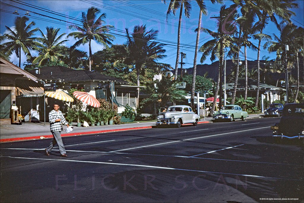 Looking Diamond Head along Waikiki’s Kalakaua Avenue from the Liliuokalani Avenue intersection, 1951
