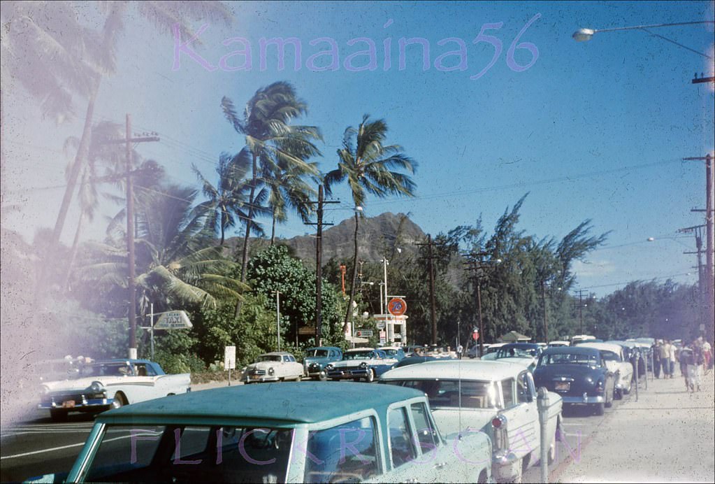 Looking Diamond Head along Kalakaua Avenue towards the intersection with Kapahulu Avenue, 1958