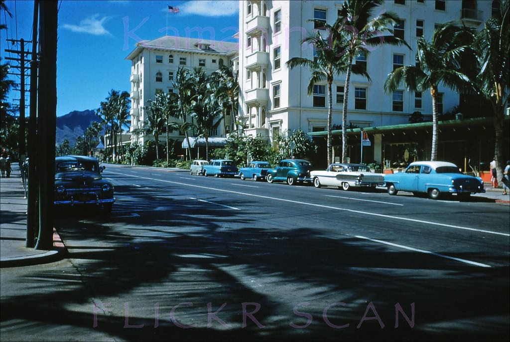 Waikiki’s Kalakaua Avenue with the Moana Hotel in the background, 1959