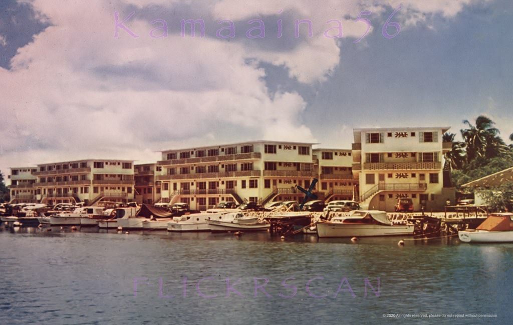 Water view of hotelier Roy Kelley’s Ala Wai Terrace Hotel and Apartments on the Ala Wai Canal, 1950s
