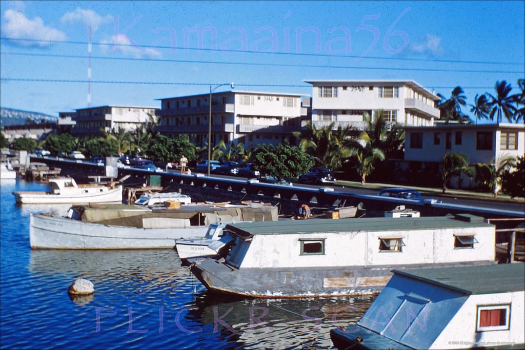 Boats moored pretty far up the Ala Wai Canal, 1955