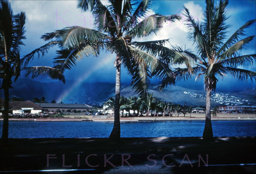 Looking mauka towards Manoa Valley from the Ala Wai Canal which separates Waikiki from the rest of Honolulu, 1947