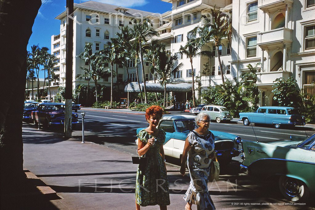 Waikiki’s Kalakaua Avenue with the Moana Surfrider Hotel in the background, 1959