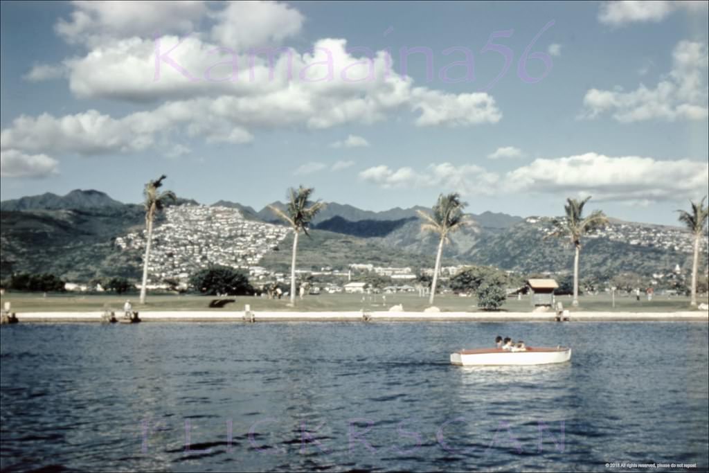 Looking inland towards Honolulu from the Waikiki side of the Ala Wai Canal, 1950s
