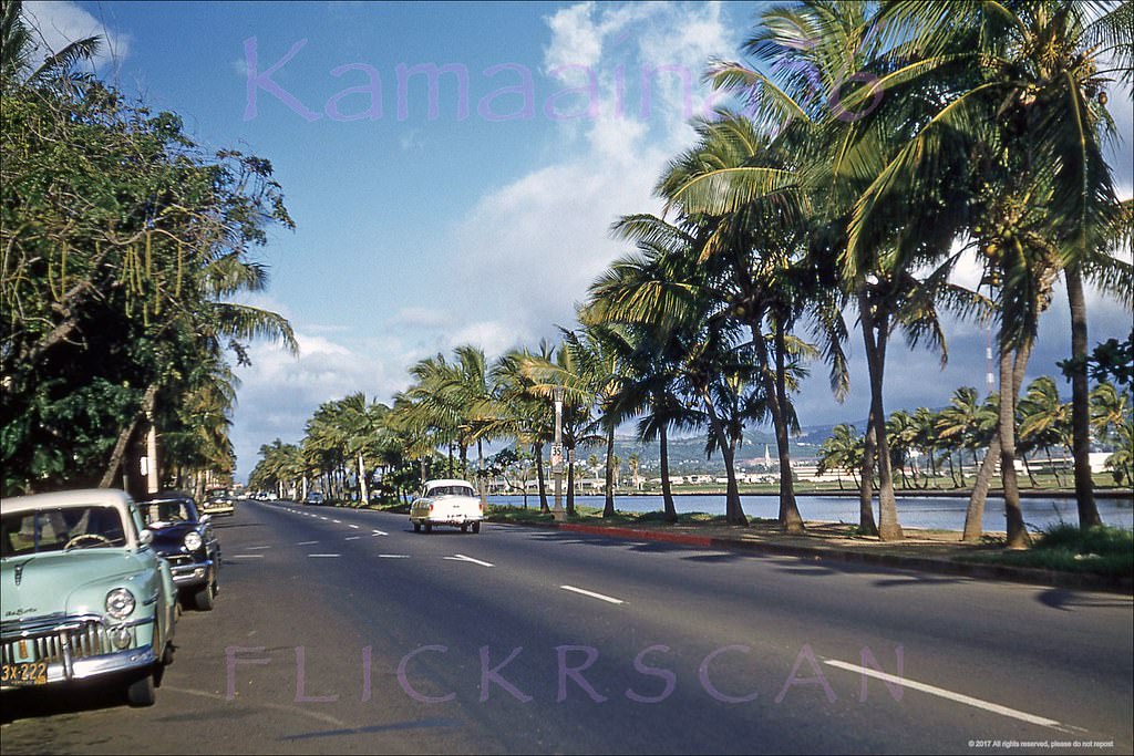 Looking west along Waikiki's Ala Wai Blvd, 1956