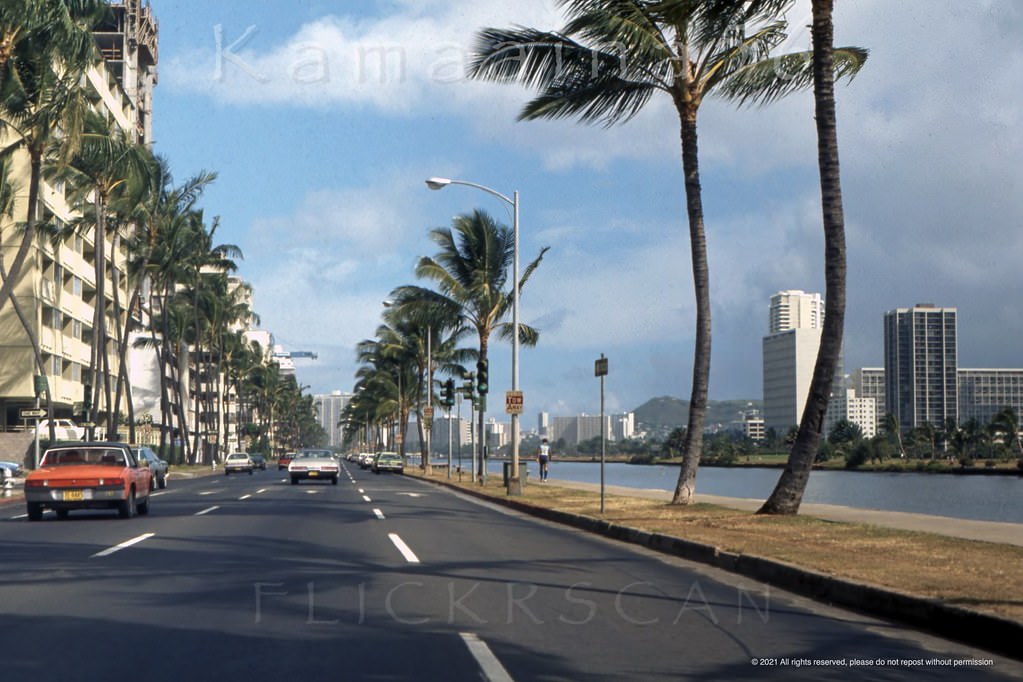 Waikiki’s Ala Wai Blvd between Kanekapolei and Wailana looking more or less west, 1974.