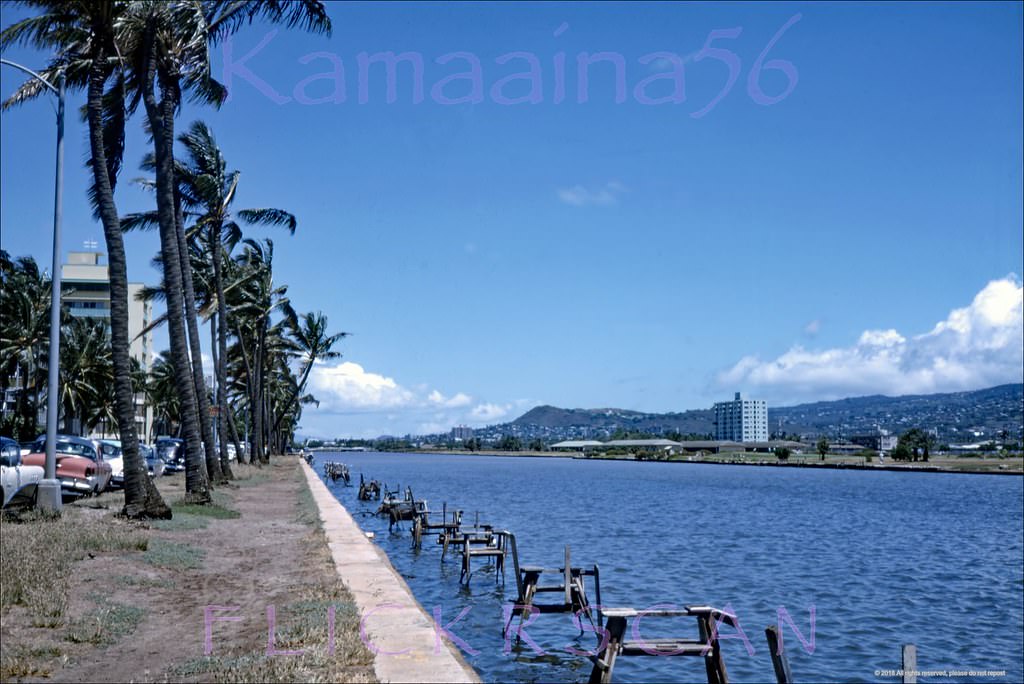 The Ala Wai Canal separates Waikiki (left) from the rest of Honolulu (right), 1963.